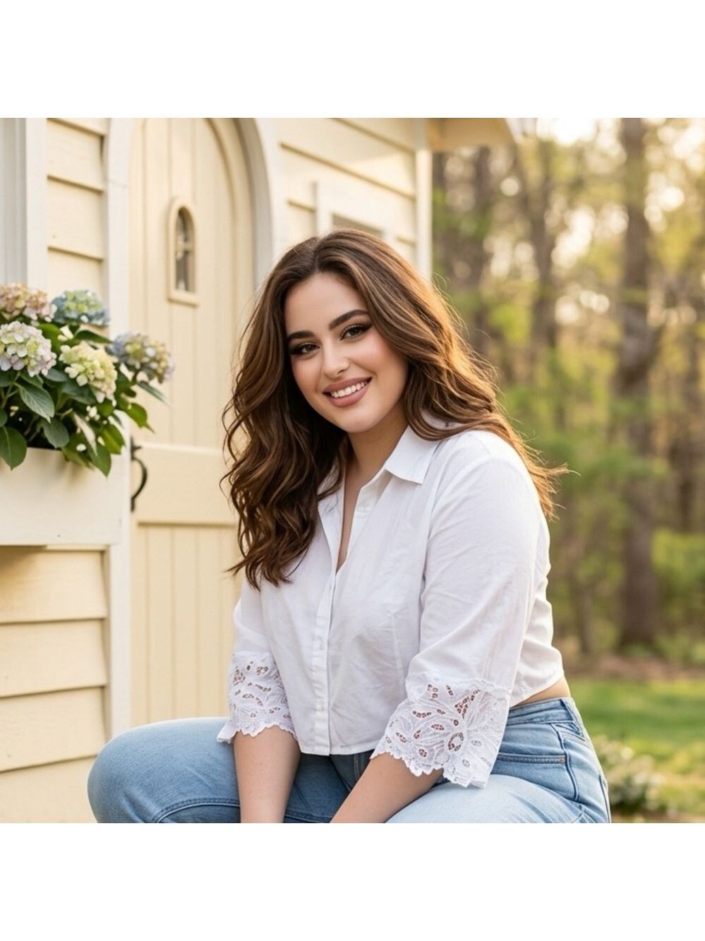 Spense Cream Blouse with Lace Sleeves
